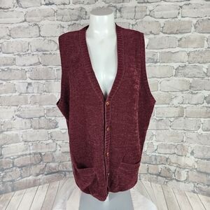 Vintage Chenille Vest Grampachic VNeck Pouch Pockets  Burgundy Men's Medium